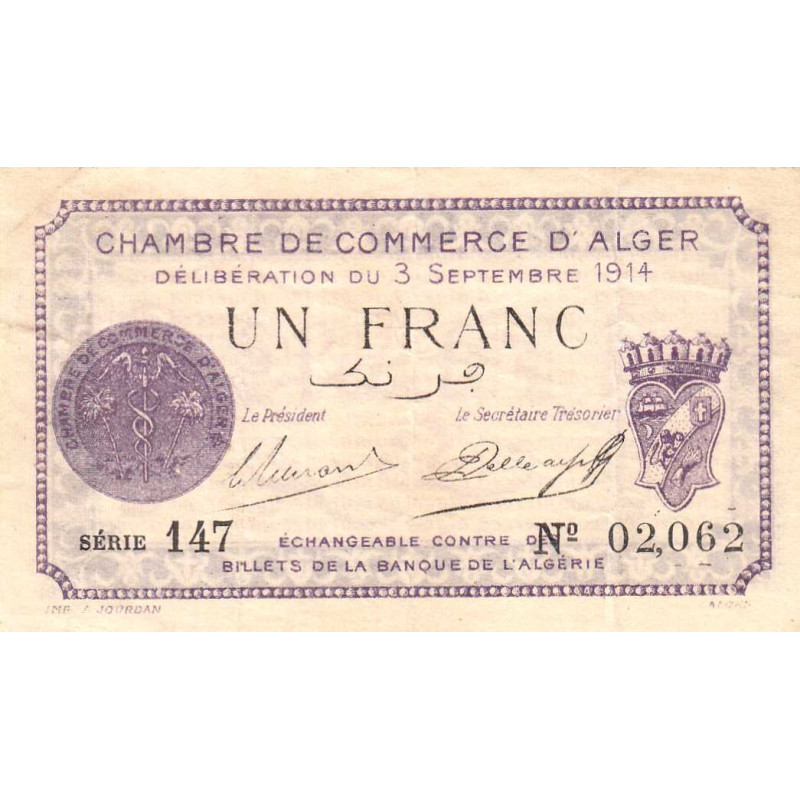 Algérie - Alger 137-1 - 1 franc - Série 147 - 03/09/1914 - Etat : TTB