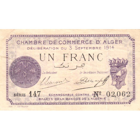 Algérie - Alger 137-1 - 1 franc - Série 147 - 03/09/1914 - Etat : TTB