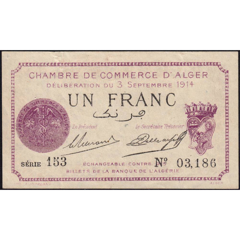Algérie - Alger 137-1 - 1 franc - Série 153 - 03/09/1914 - Etat : TTB