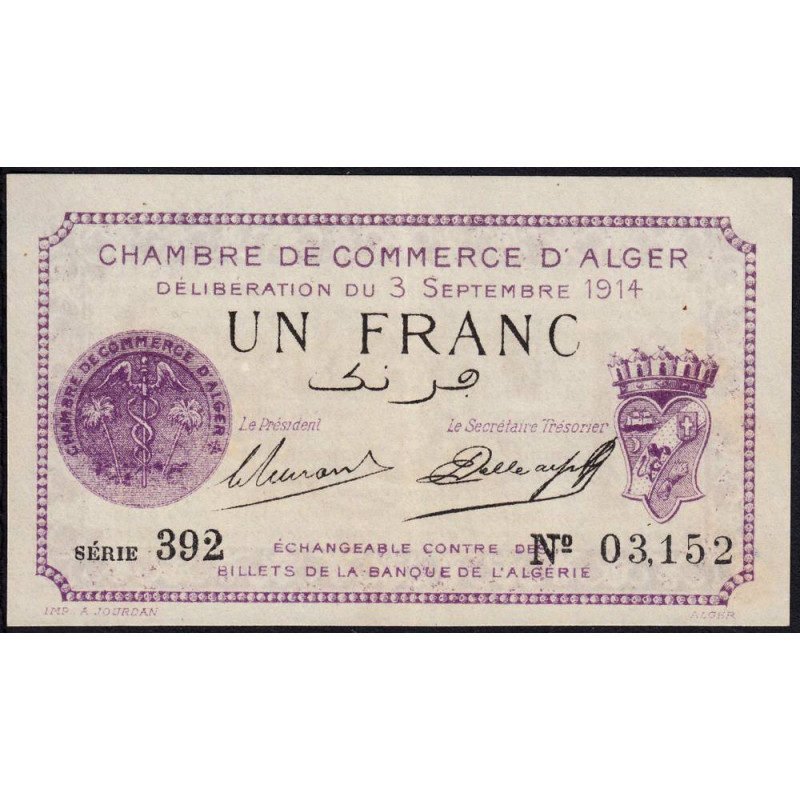 Algérie - Alger 137-1 - 1 franc - Série 392 - 03/09/1914 - Etat : SPL