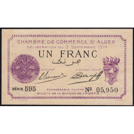Algérie - Alger 137-1 - 1 franc - Série 595 - 03/09/1914 - Etat : SUP
