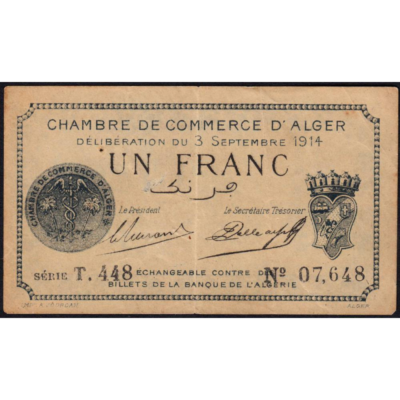 Algérie - Alger 137-4 - 1 franc - Série T.448 - 03/09/1914 - Etat : TB+