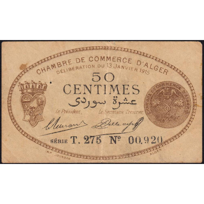 Algérie - Alger 137-9 - 50 centimes - Série T.275 - 13/01/1915 - Etat : TB+