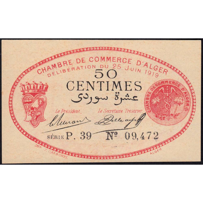 Algérie - Alger 137-11 - 50 centimes - Série P.39 - 25/06/1919 - Etat : pr.NEUF