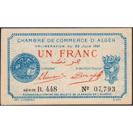 Algérie - Alger 137-20 - 1 franc - Série B.448 - 22/06/1921 - Etat : SUP+