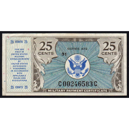 Etats Unis - Militaire - Pick M17 - 25 cents - Séries 472 - 22/03/1948 - Etat : TTB