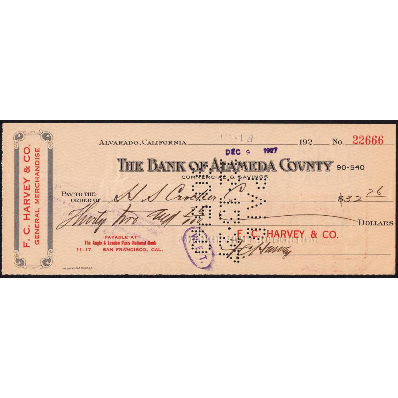 Etats Unis - Chèque - Bank of Alameda County - 1927 - Etat : TTB+