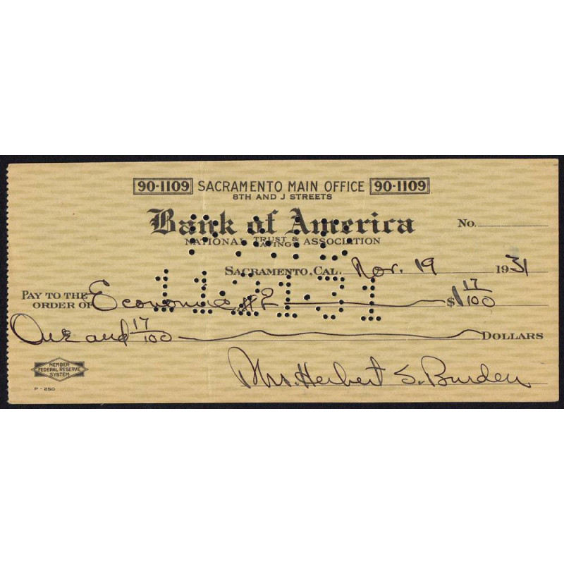 Etats Unis - Chèque - Bank of America - 1931 - Etat : SUP