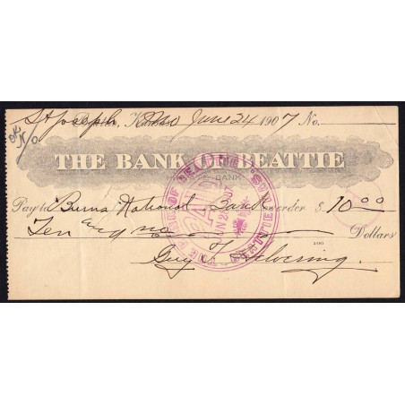 Etats Unis - Chèque - Bank of Beattle - 1907 - Etat : TB