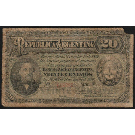 Argentine - Pick 211b_4 - 20 centavos - Série P - 01/11/1891 - Etat : B-