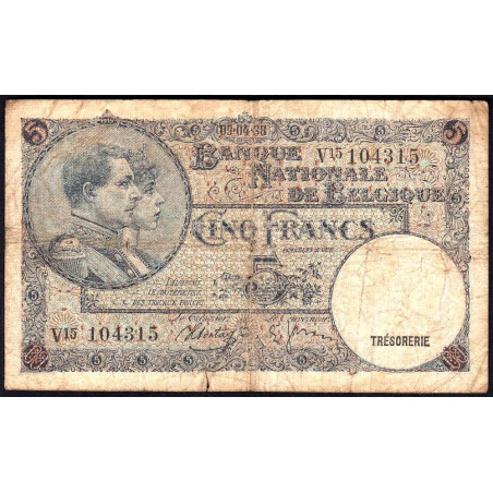 Belgique - Pick 108a - 5 francs - 09/04/1938 - Etat : B+