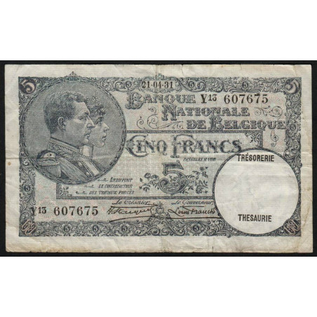 Belgique - Pick 97b - 5 francs - 21/04/1931 - Etat : TB