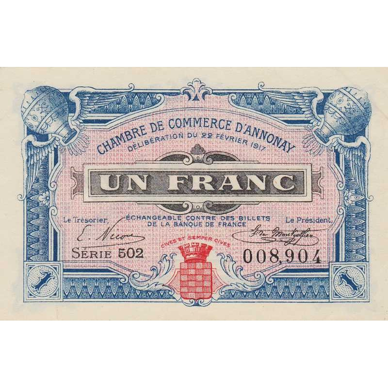 Annonay - Pirot 11-20 - 1 franc - Série 502 - 22/02/1917 - Etat : SPL