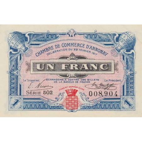Annonay - Pirot 11-20 - 1 franc - Série 502 - 22/02/1917 - Etat : SPL