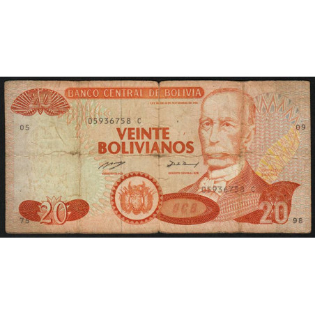 Bolivie - Pick 211 - 20 bolivianos - Série C - Loi 1986 (1993) - Etat : B+