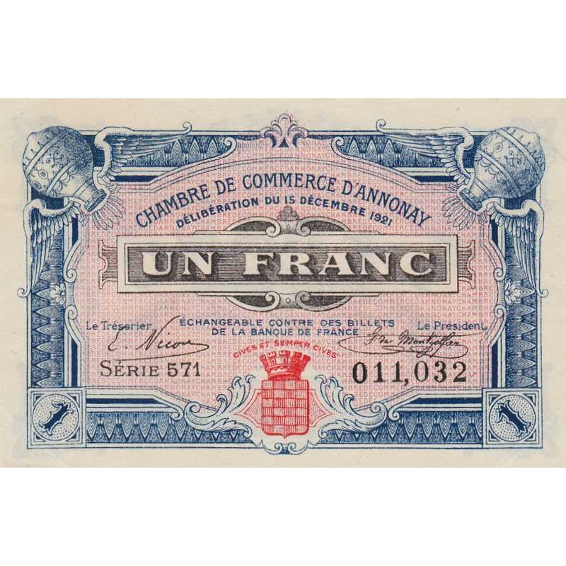Annonay - Pirot 11-22 - 1 franc - Série 571 - 15/12/1921 - Etat : SPL