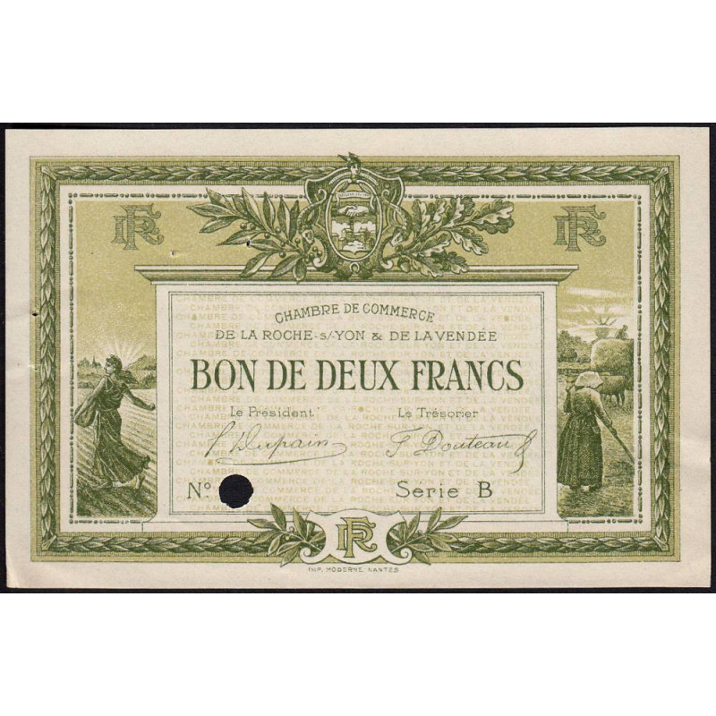 La Roche-sur-Yon (Vendée) - Pirot 65-22 - 2 francs - Série B - 1915 - Spécimen - Etat : SUP