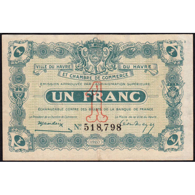 Le Havre - Pirot 68-28 - 1 franc - 18/08/1920 - Etat : TTB