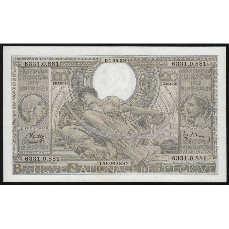 Belgique - Pick 107_3 - 100 francs ou 20 belgas - 04/05/1938 - Etat : SUP+