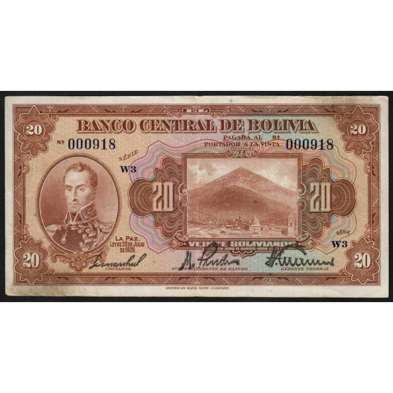 Bolivie - Pick 122_9 - 20 bolivianos - Série W3 - Loi 1928 (1940) - Etat : TTB-