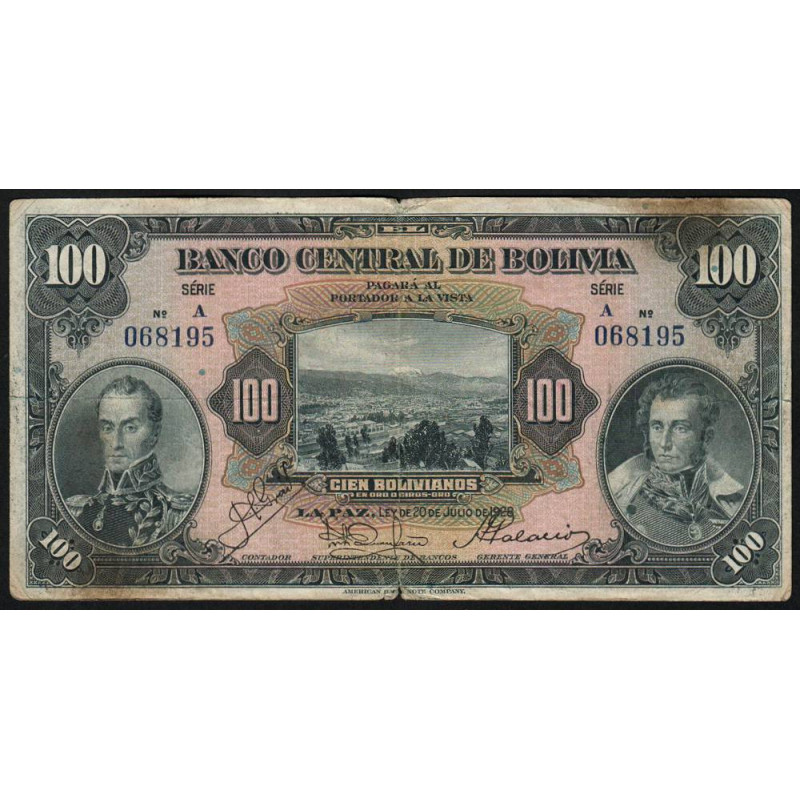 Bolivie - Pick 125_1 - 100 bolivianos - Série A- Loi 1928 (1934) - Etat : TB-