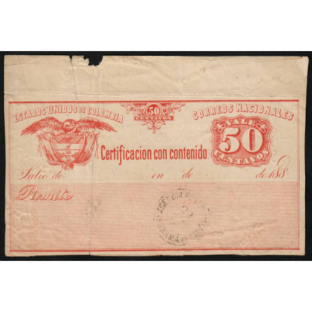 Colombie - Billet postal - 1893 - 50 centavos - Etat : B
