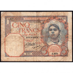 Algérie - Pick 77a_1 - 5 francs - Série A.4070 - 11/04/933 - Etat : B