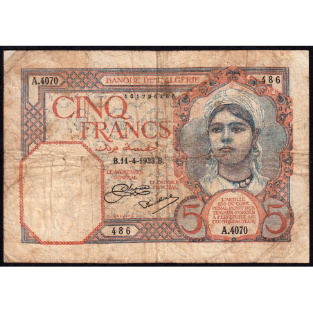 Algérie - Pick 77a_1 - 5 francs - Série A.4070 - 11/04/1933 - Etat : B