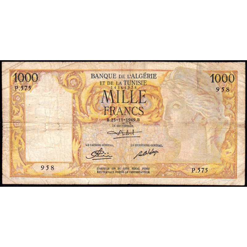 Algérie - Pick 107a_1 - 1'000 francs - Série P.575 - 23/11/1949 - Etat : TB-