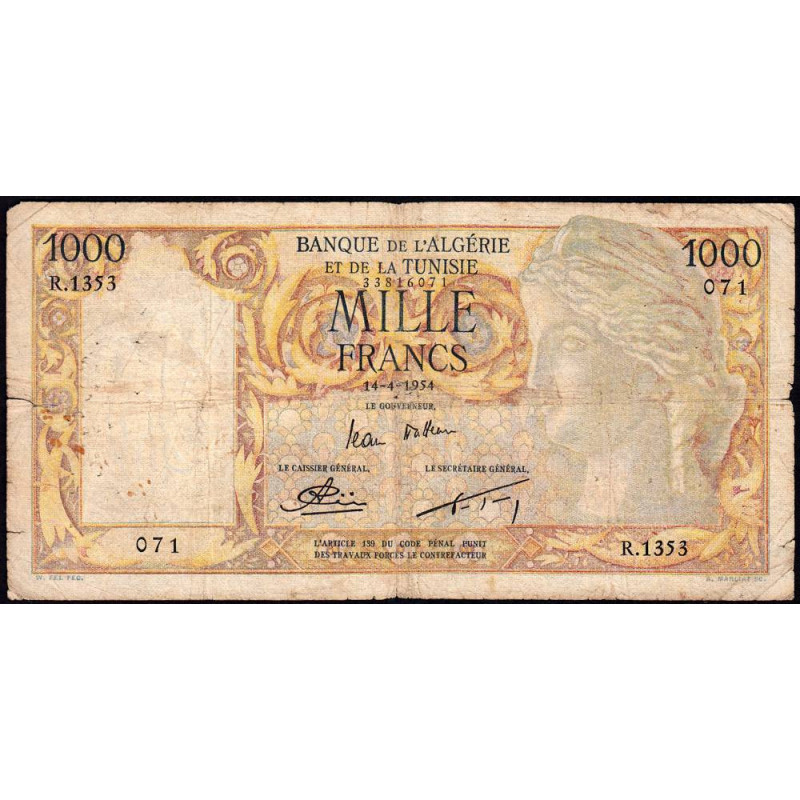 Algérie - Pick 107b_2 - 1'000 francs - Série R.1353 - 14/04/1954 - Etat : TB-