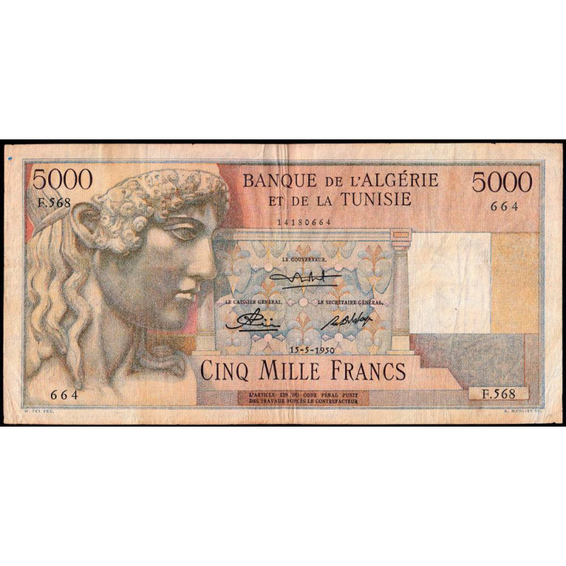 Algérie - Pick 109a_2 - 5'000 francs - Série F.568 - 15/05/1950 - Etat : TTB