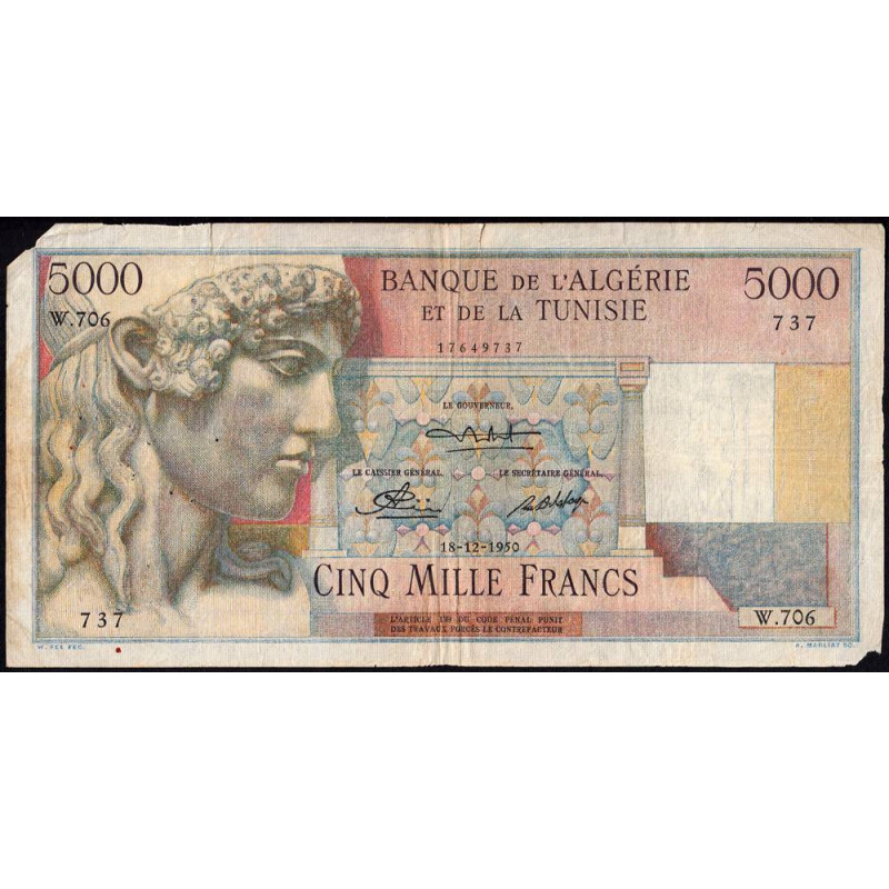 Algérie - Pick 109a_2 - 5'000 francs - Série W.706 (remplacement) - 18/12/1950 - Etat : B+ à TB-