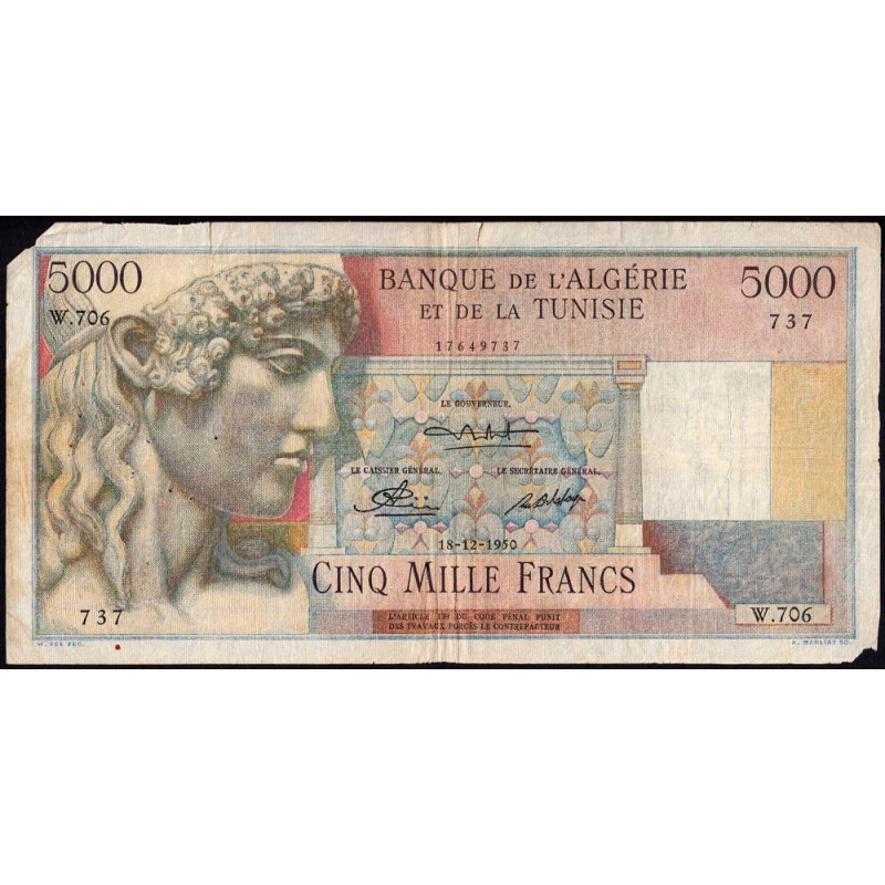 Algérie - Pick 109a - 5'000 francs - 18/12/1950 - Remplacement - Etat : B+ à TB-