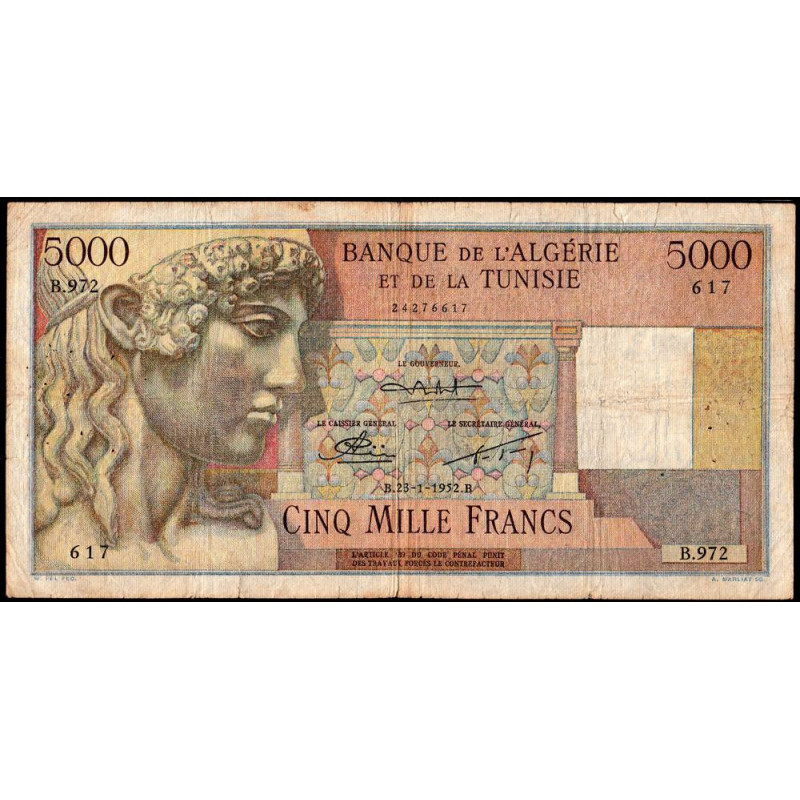 Algérie - Pick 109b - 5'000 francs - Série B.972 - 23/01/1952 - Etat : TB