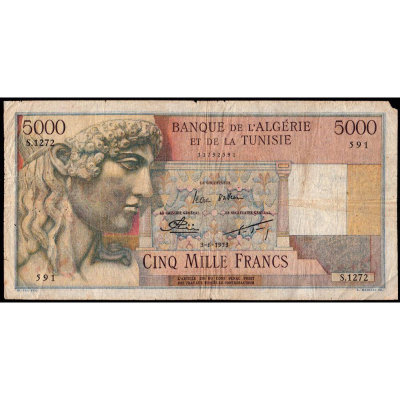 Algérie - Pick 109c_2 - 5'000 francs - Série S.1272 - 03/06/1953 - Etat : TB- à TB