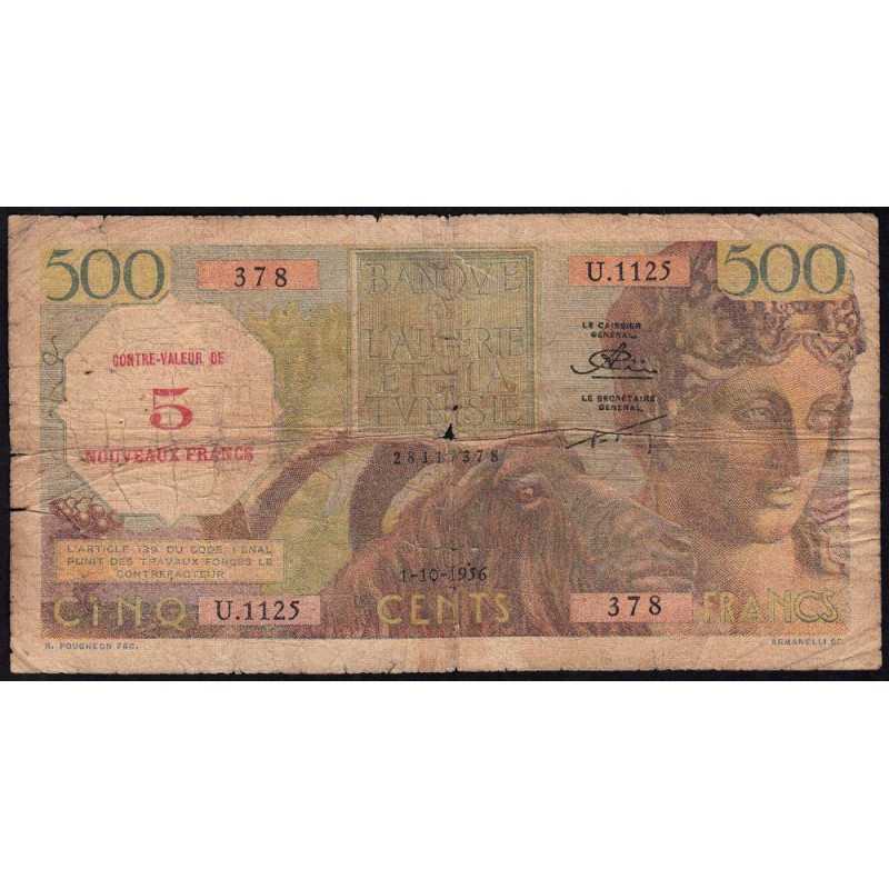 Algérie - Pick 111 - 5 nouv. francs sur 500 francs - Série U.1125 - 01/10/1956 - Etat : B