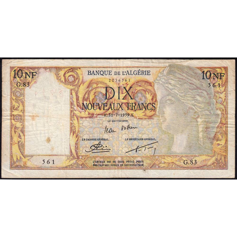 Algérie - Pick 119a_1- 10 nouv. francs - Série G.83 - 31/07/1959 - Etat : TB