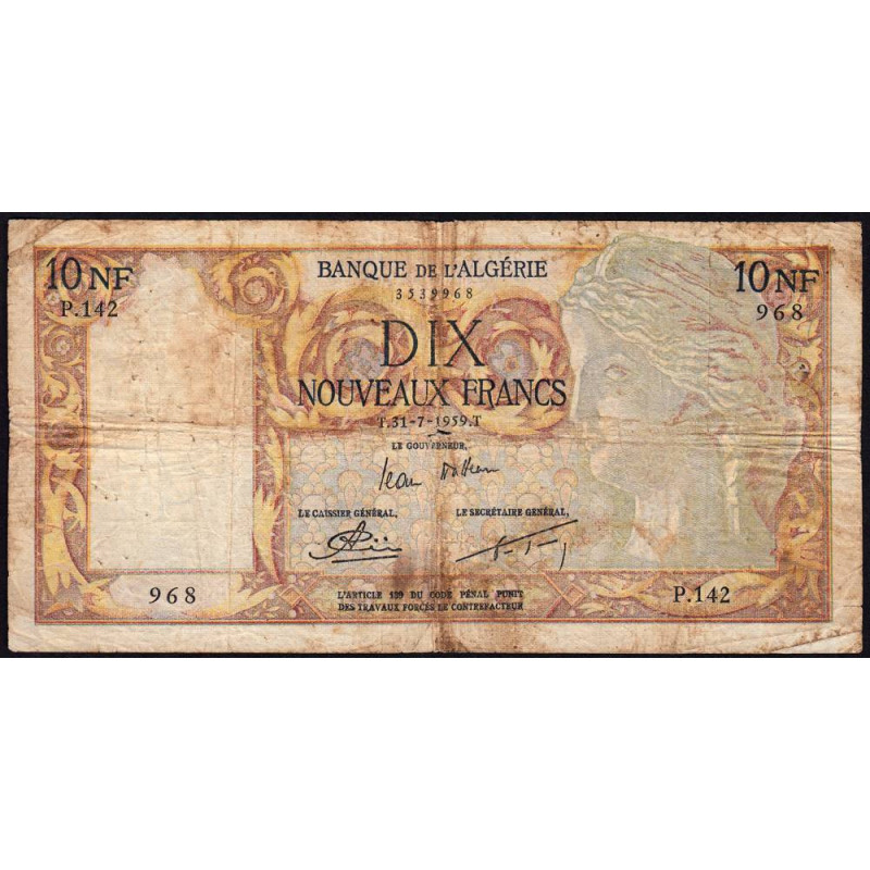 Algérie - Pick 119a_1- 10 nouv. francs - Série P.142 - 31/07/1959 - Etat : B