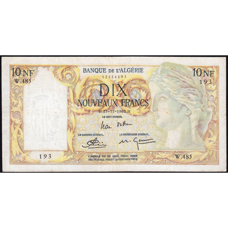 Algérie - Pick 119a_2- 10 nouv. francs - Série W.485 (rempl.) - 25/11/1960 - Etat : TB+