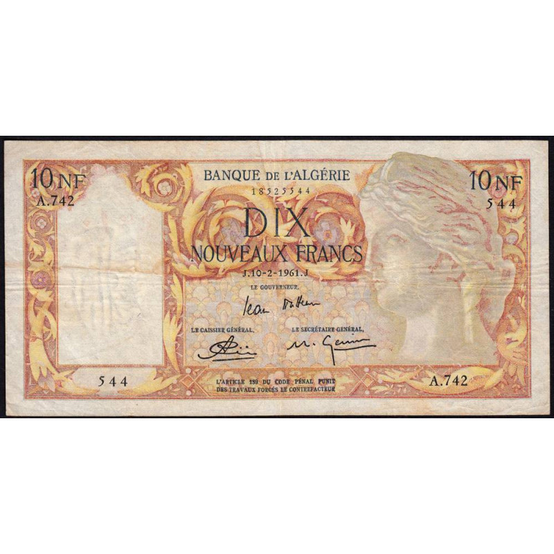 Algérie - Pick 119a_2- 10 nouv. francs - Série A.742 - 10/02/1961 - Etat : TB+
