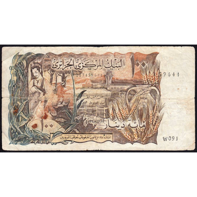 Algérie - Pick 128b - 100 dinars - Série W 091 - 01/11/1970 - Etat : TB-