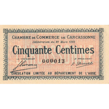 Carcassonne - Pirot 38-19 - 50 centimes - Petit numéro - 1922 - Etat : SUP+