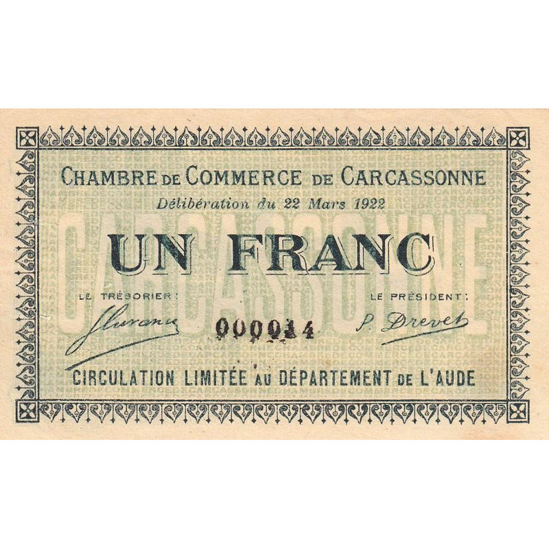 Carcassonne - Pirot 38-21 - 1 franc - Petit numéro - 1922 - Etat : SUP+