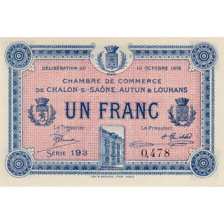 Chalon-sur-Saône, Autun, Louhans - Pirot 42-10 - 1 franc - Série 193 - 27/06/1916 - Etat : SPL+