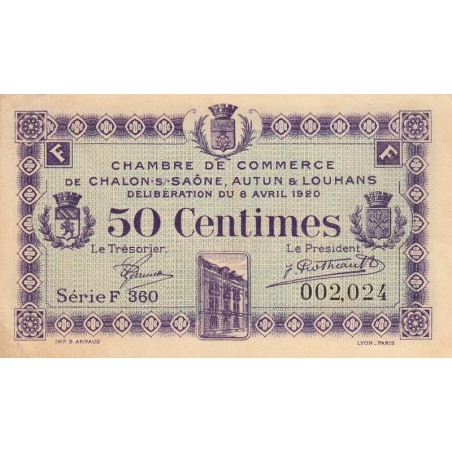 Chalon-sur-Saône, Autun, Louhans - Pirot 42-24 - 50 centimes - Série F 360 - 08/04/1920 - Etat : SUP