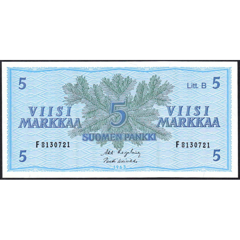 Finlande - Pick 106Aa_4 - 5 markkaa - Litt. B - Série F - 1963 (1969) - Etat : NEUF