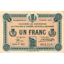 Chalon-sur-Saône, Autun, Louhans - Pirot 42-26 - 1 franc - Série F 251 - 08/04/1920 - Etat : TTB