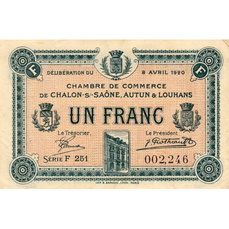 Chalon-sur-Saône, Autun, Louhans - Pirot 42-26 - 1 franc - Série F 251 - 08/04/1920 - Etat : TTB
