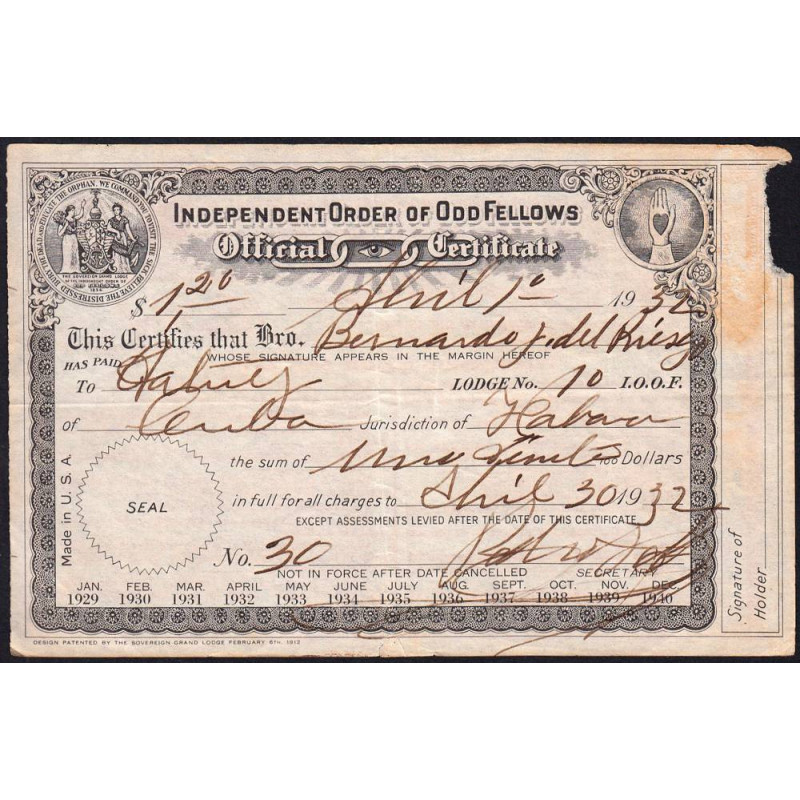 Cuba - Franc-Maçonnerie - Loge Hatuey I.O.O.F. - Capitation 1,20 peso - 01/04/1932 - Etat : TB+