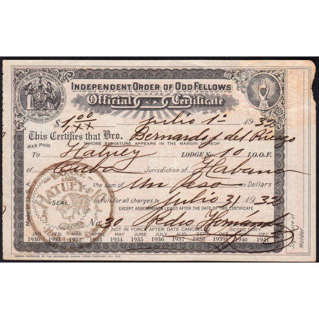 Cuba - Franc-Maçonnerie - Loge Hatuey I.O.O.F. - Capitation 1 peso - 01/07/1932 - Etat : TB+